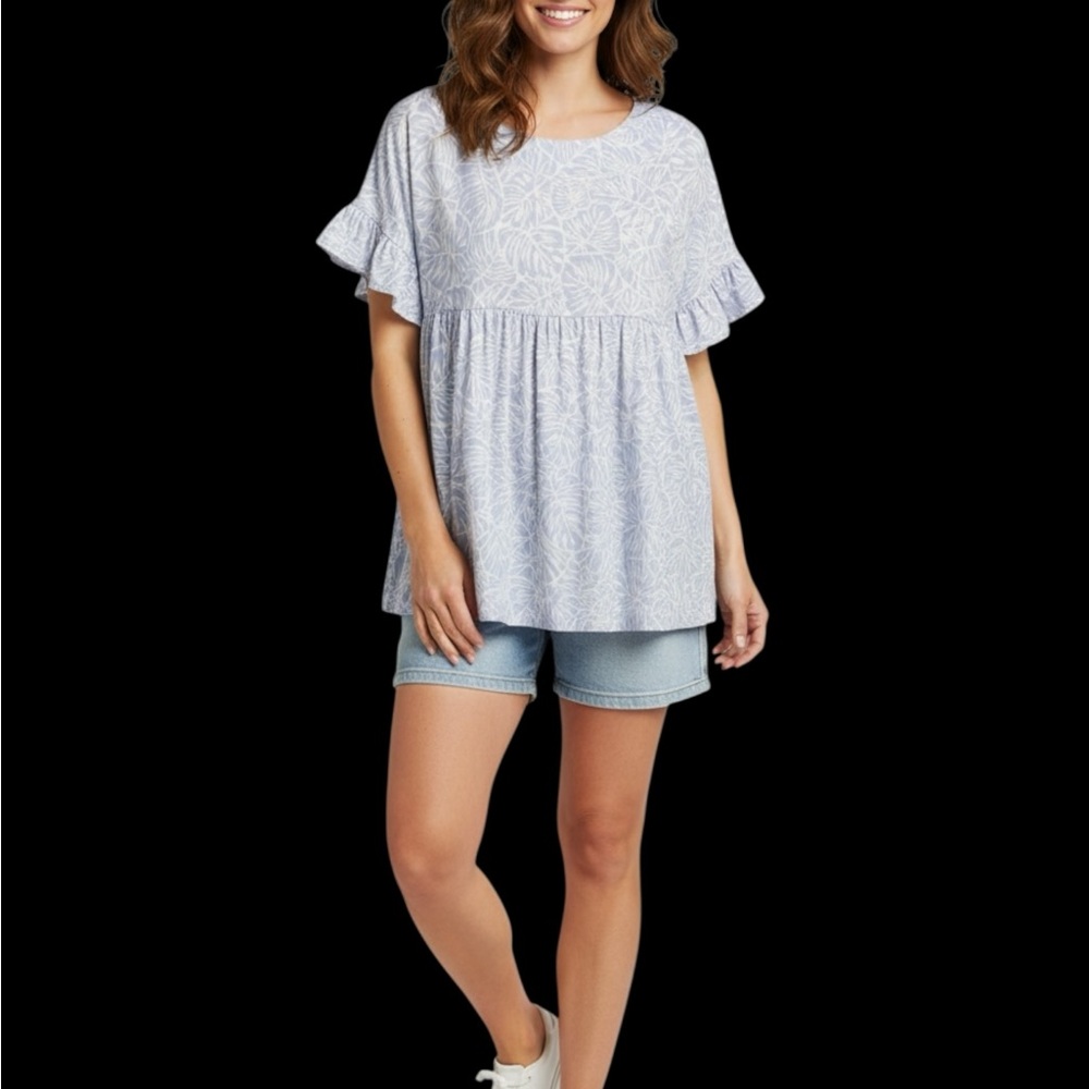 BUCKETLIST Light Blue Floral Blouse with Ruffle Sleeves